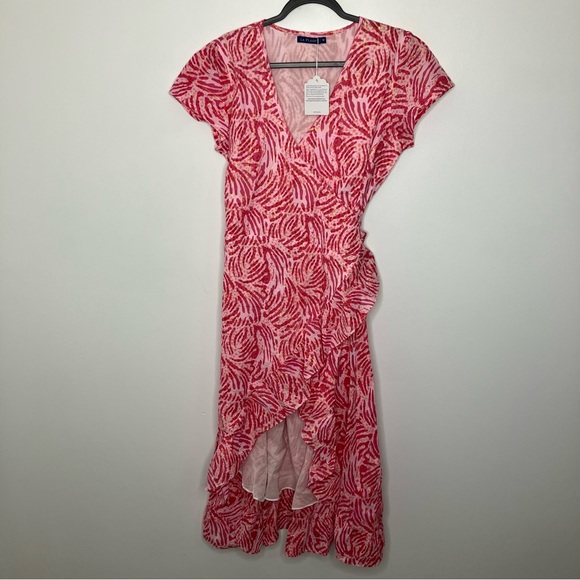 NWT LA PLAGE Wrap Dress Pink Gold Metallic Medium - Picture 1 of 5